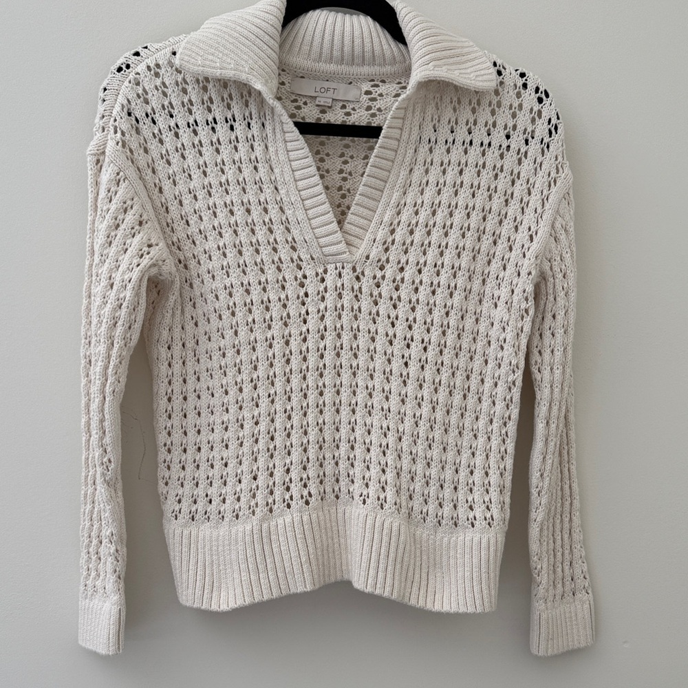 LOFT Women's Cream Open-Knit V-Neck Sweater